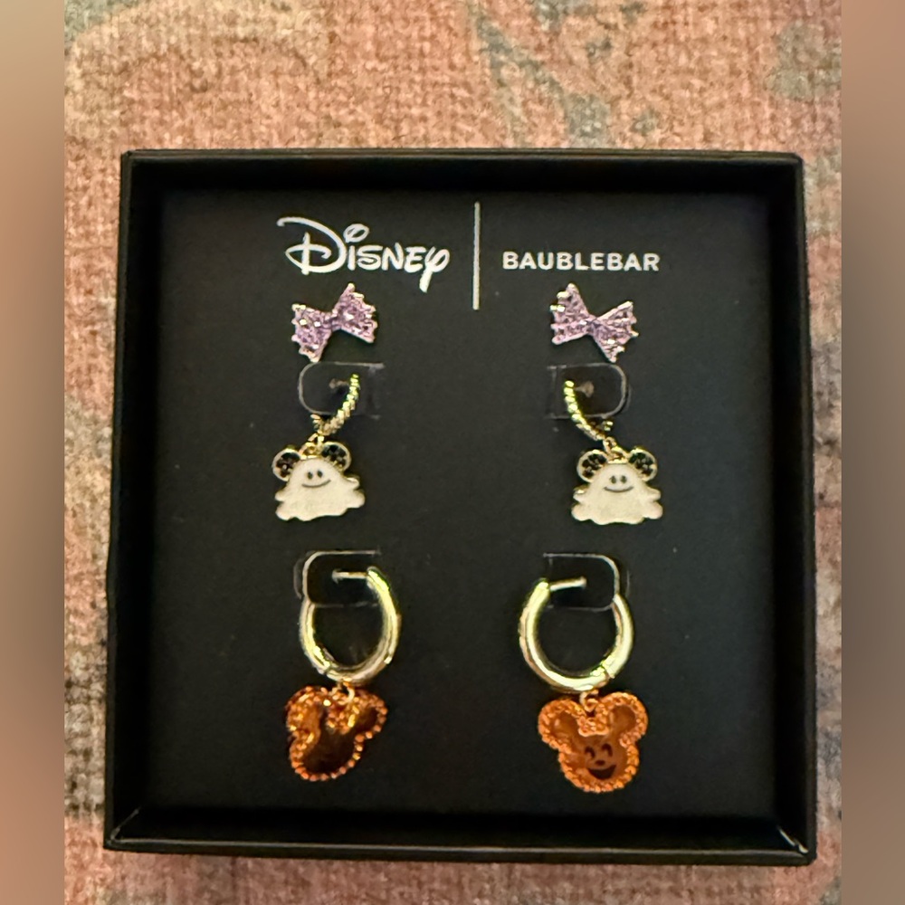 Disney X Baublebar 3 Pairs of Halloween; Mickey Pumpkin, Ghost & Bow Earrings